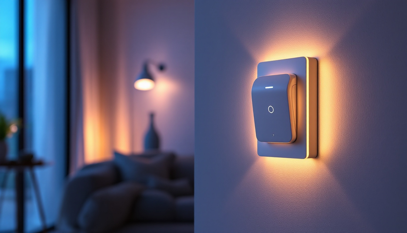 A photograph of a modern motion sensor switch installed in a stylish home lighting setup