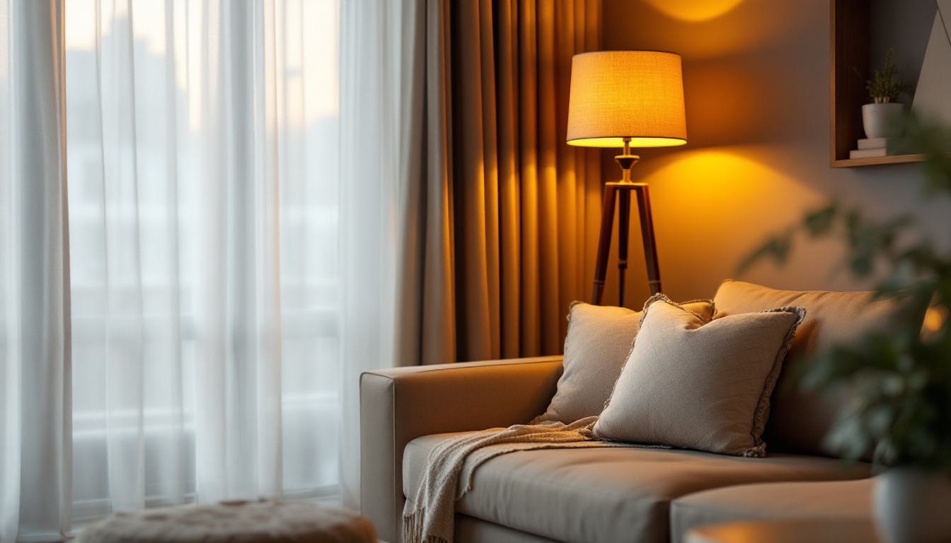 A photograph of a stylishly designed floor lamp in a cozy living room setting