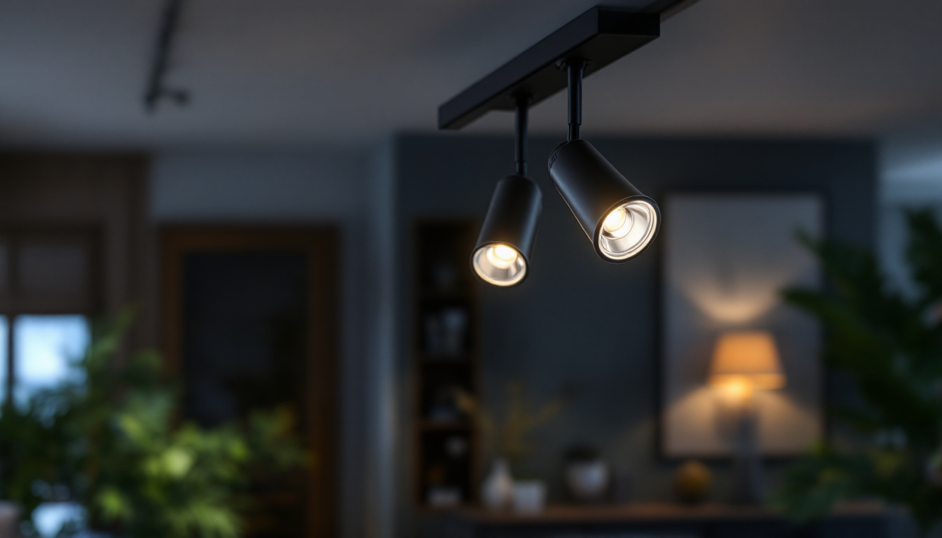 A photograph of a stylish track light fixture installed in a modern interior setting