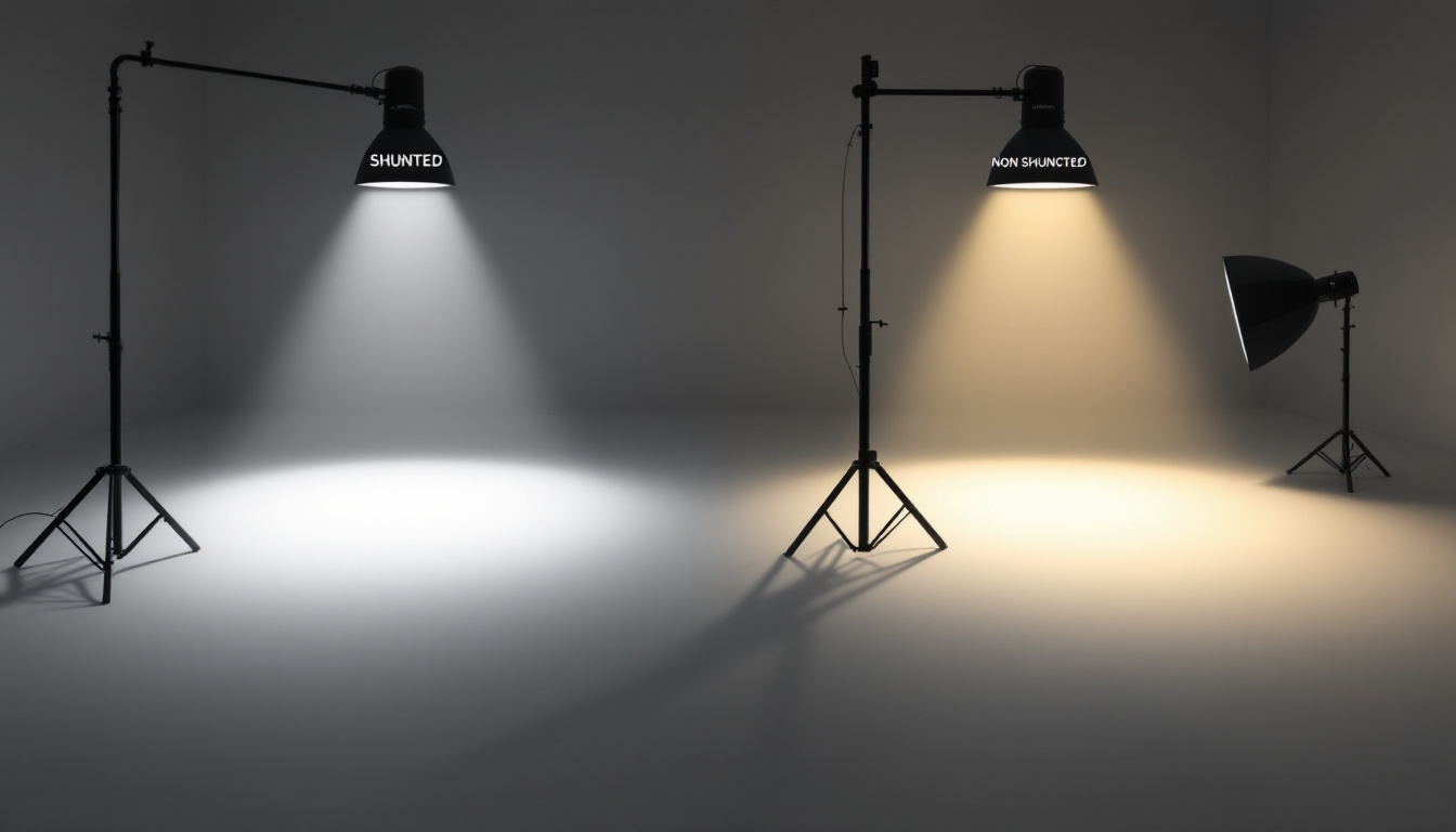 A photograph of a side-by-side comparison of shunted and non-shunted lighting setups
