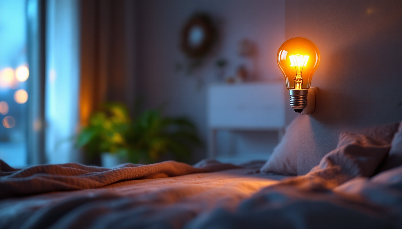 A photograph of a modern led bulb illuminating a cozy indoor space