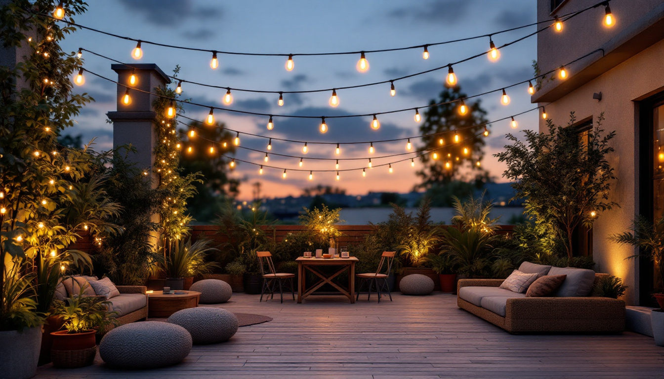 A photograph of a beautifully lit outdoor space adorned with white hanging string lights