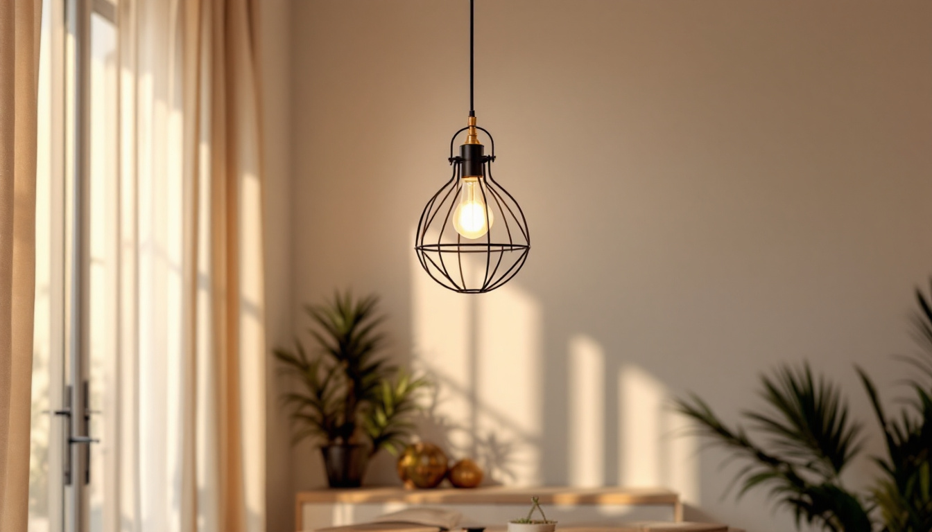 A photograph of a stylish hanging ceiling lamp in a well-lit room