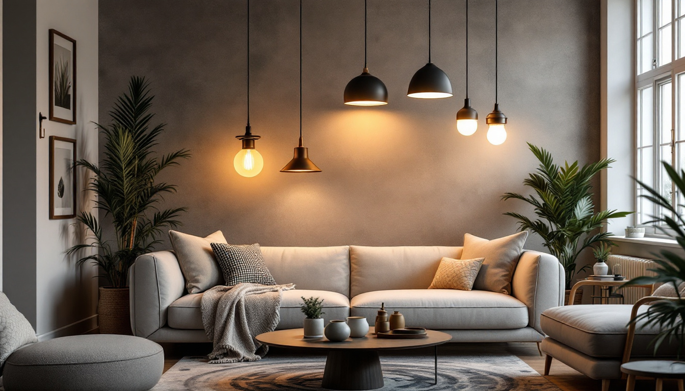 A photograph of a stylishly arranged living space featuring a variety of cool pendant lights