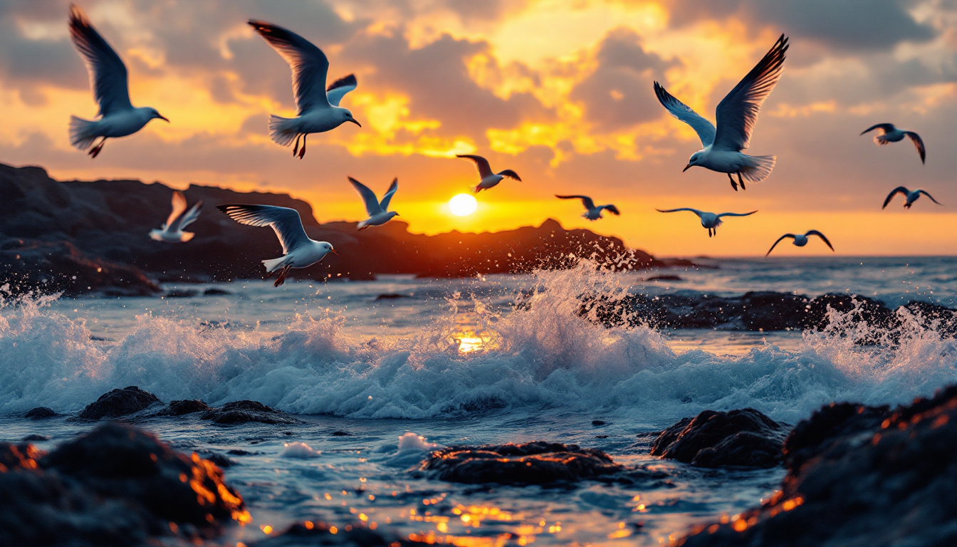 A photograph of a beautifully lit coastal scene at sunset