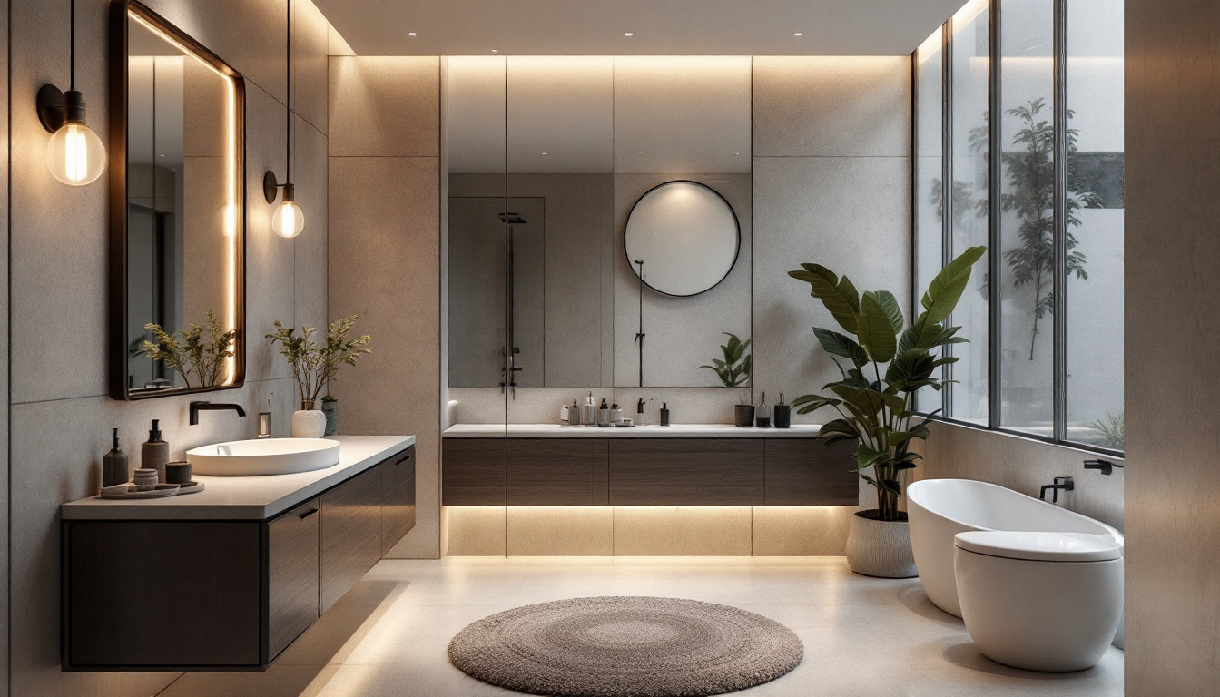 A photograph of a beautifully designed bathroom featuring a variety of lighting options