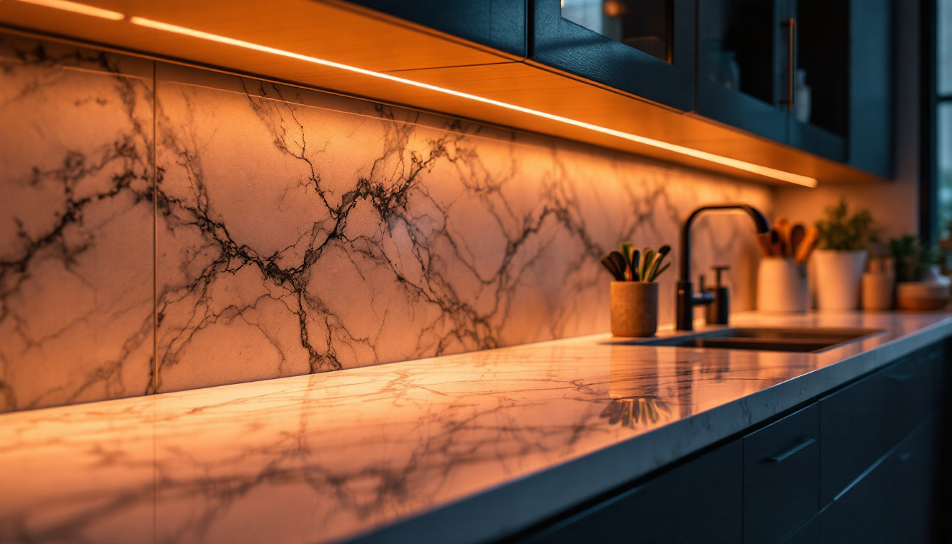 A photograph of a beautifully illuminated kitchen countertop featuring under-the-counter lighting that highlights the textures and colors of the surfaces
