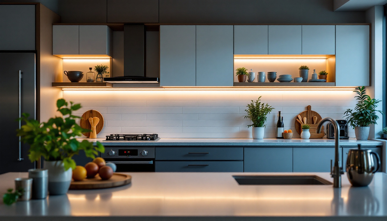 A photograph of a beautifully illuminated kitchen featuring under-cabinet lighting that highlights the countertops and creates a warm