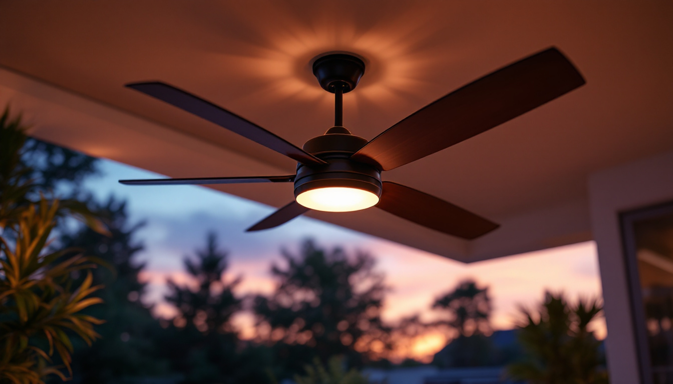 A photograph of a stylish large outdoor ceiling fan installed in a beautifully decorated patio or deck setting