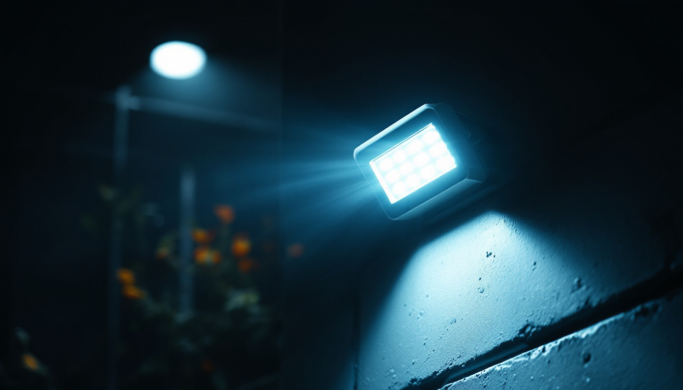 A photograph of capture a photograph of a motion flood light illuminating a dark outdoor space