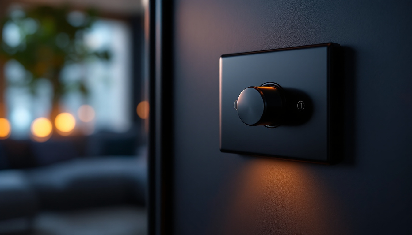 A photograph of a sleek black dimmer switch in a stylishly designed room