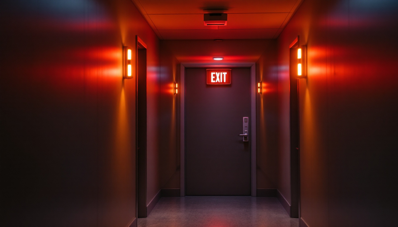 A photograph of capture a photograph of a dimly lit emergency exit hallway featuring illuminated emergency exit lights with battery backup