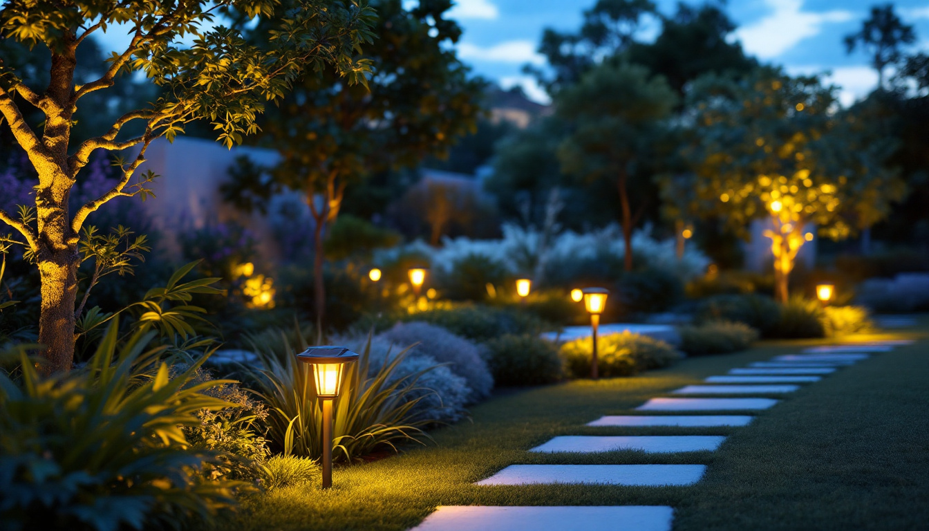 A photograph of a beautifully landscaped outdoor space illuminated by various solar-powered lights at dusk