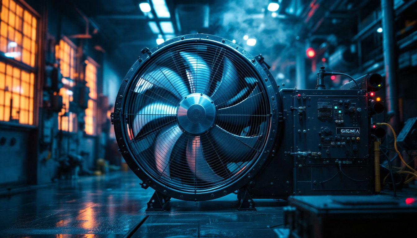 A photograph of a robust industrial heavy-duty fan in an operational setting