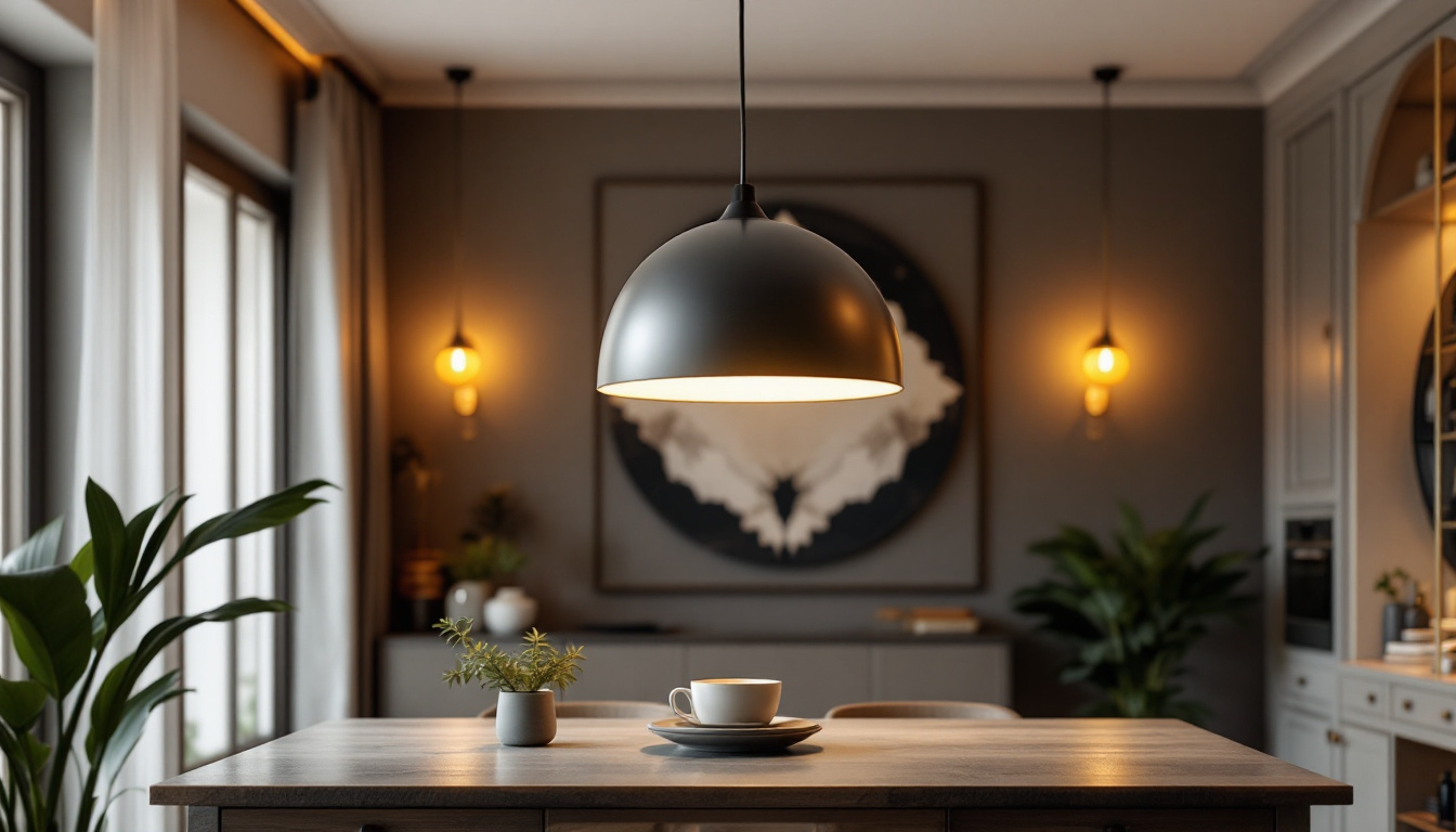 A photograph of a beautifully styled interior space featuring a large pendant light fixture as the focal point