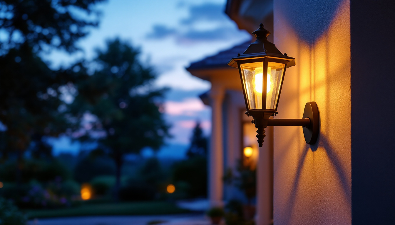 A photograph of a beautifully illuminated outside porch light at dusk