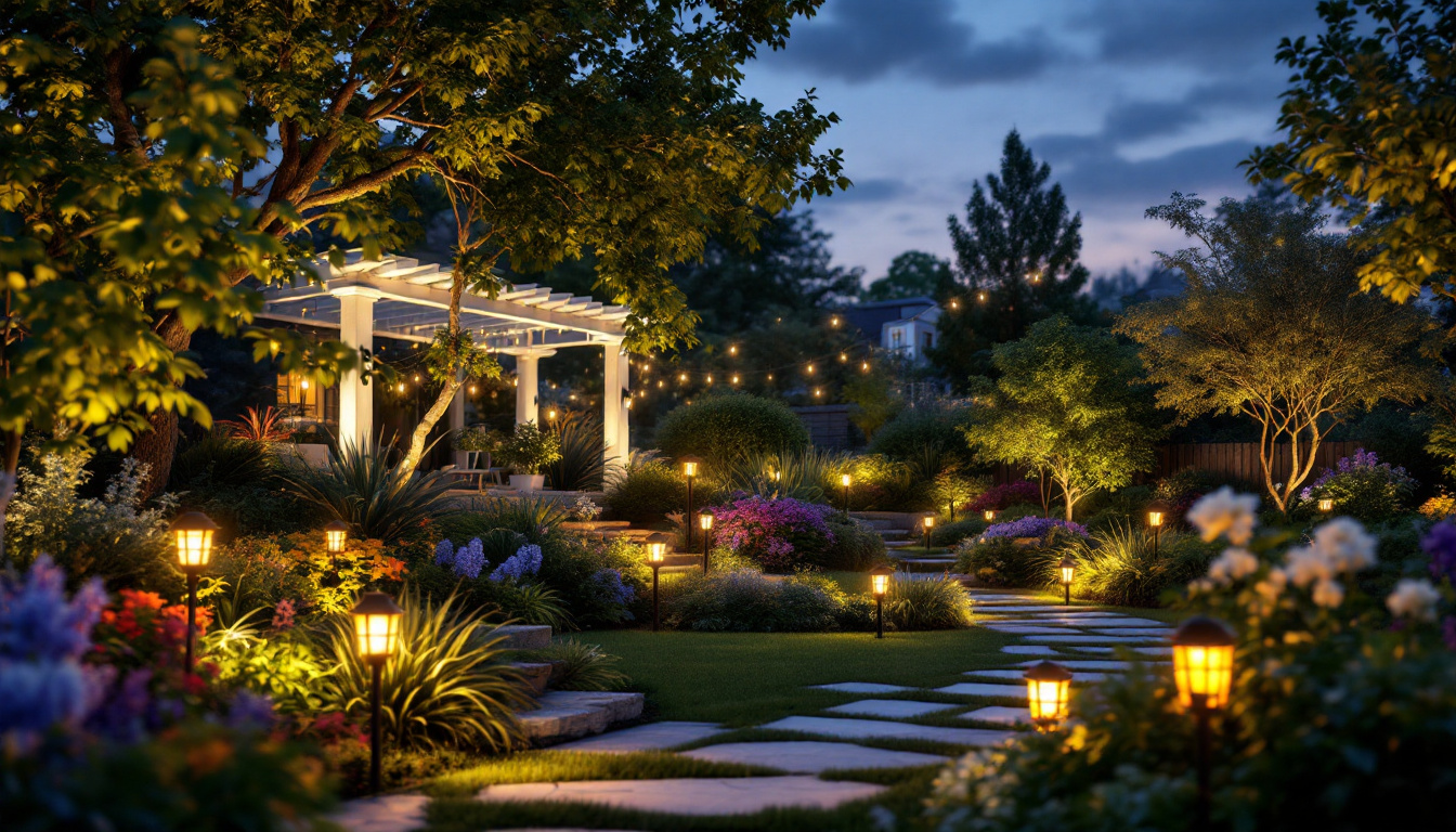 A photograph of a beautifully illuminated garden at dusk