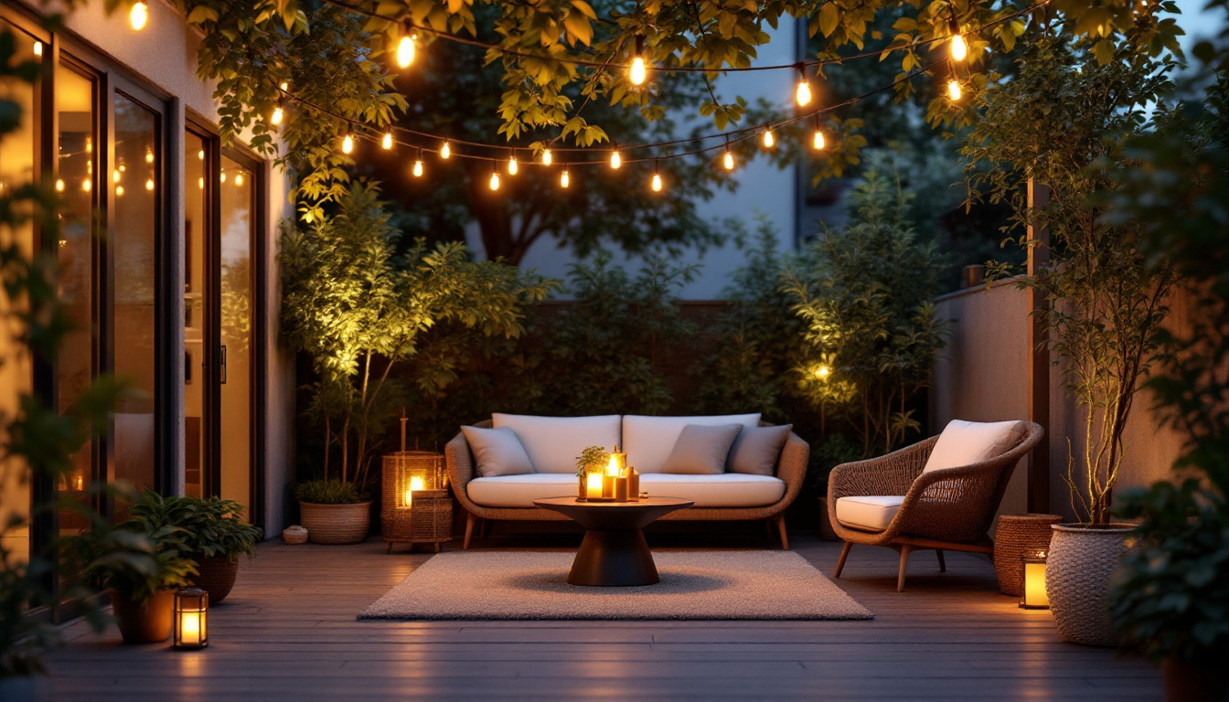 A photograph of a cozy outdoor patio scene illuminated by warm