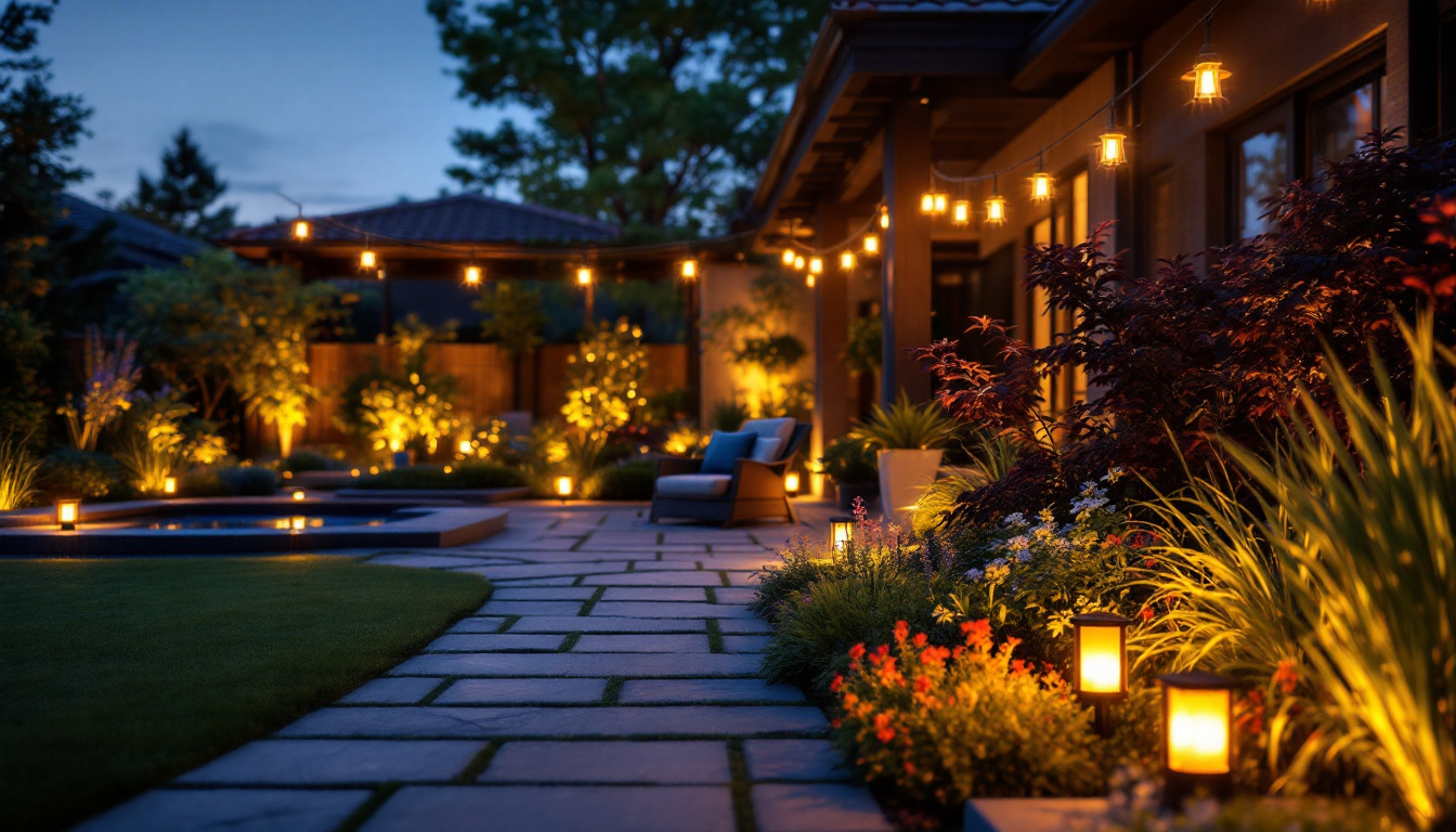 A photograph of a beautifully illuminated outdoor space featuring various landscape lighting fixtures