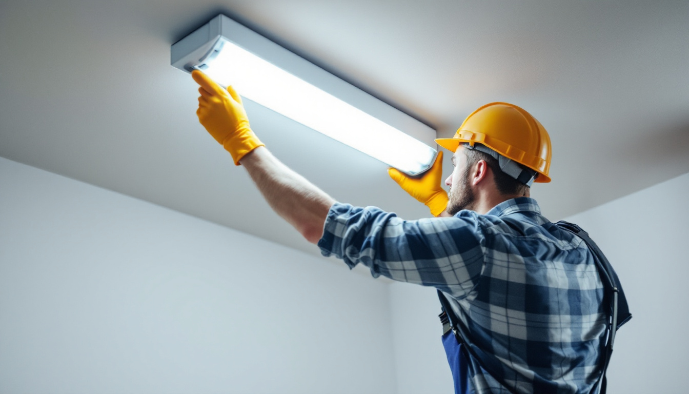 A photograph of a person safely removing a fluorescent light fixture from a ceiling