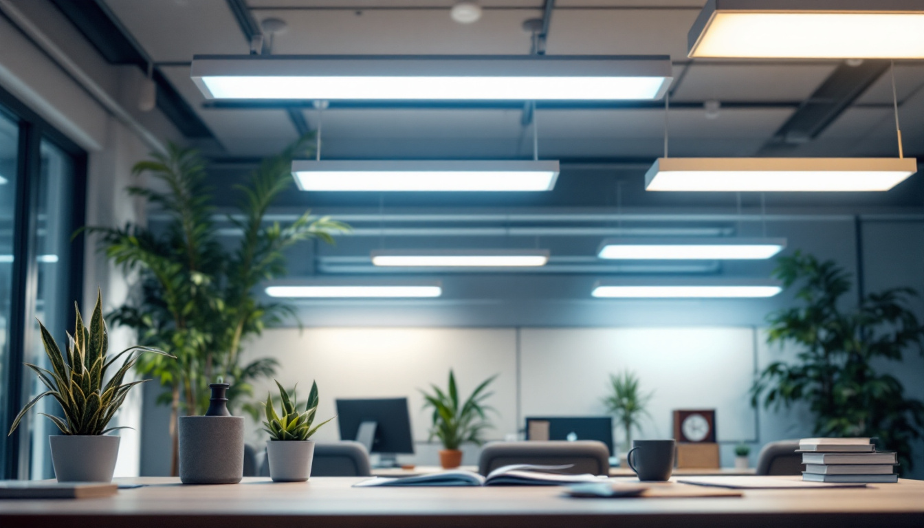 A photograph of a well-lit workspace featuring fluorescent lights with various light diffusers installed