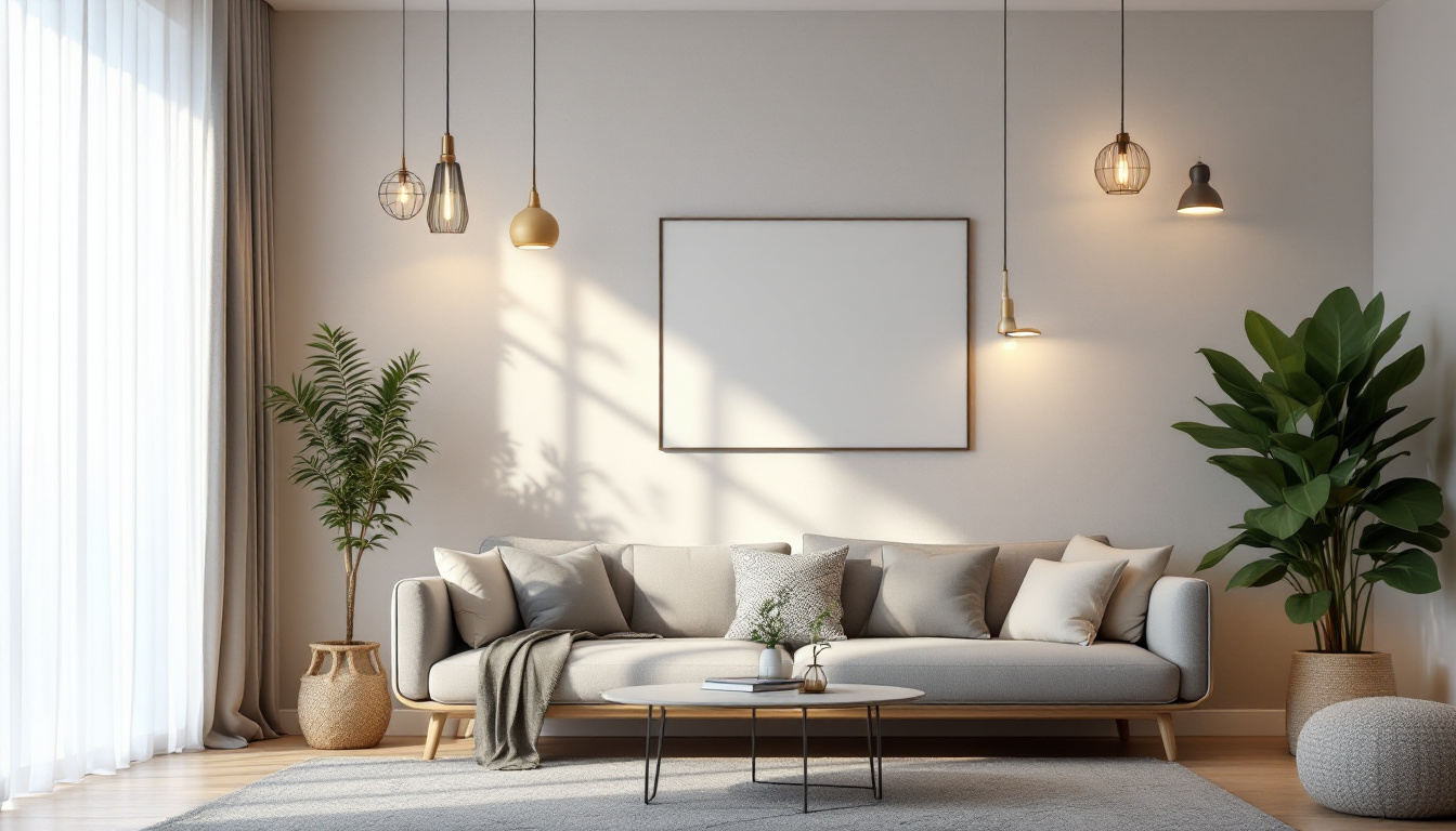 A photograph of a beautifully decorated living room featuring a variety of stylish light fixtures