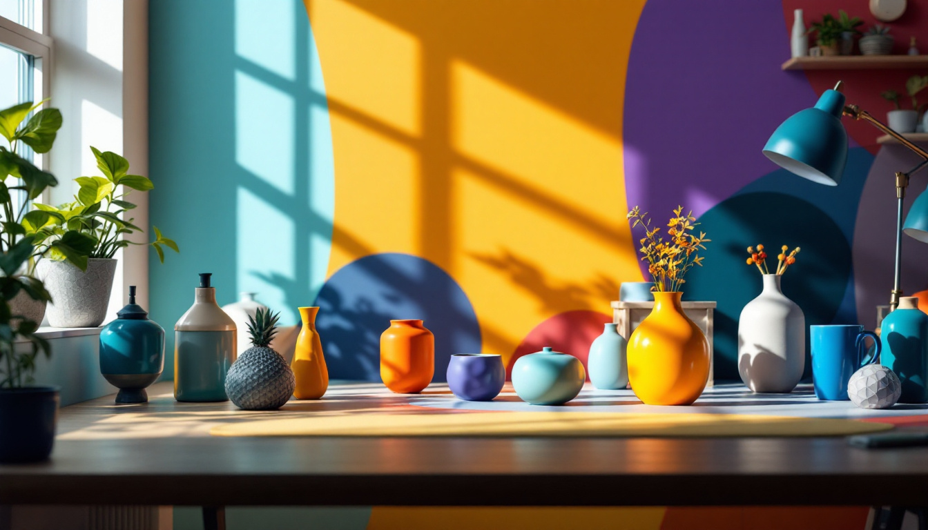 A photograph of a well-lit scene showcasing a variety of objects in different colors under natural and artificial lighting