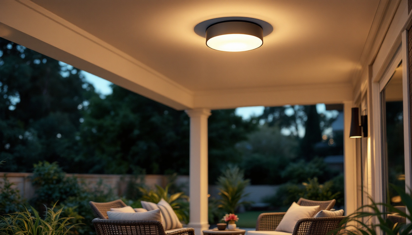 A photograph of a stylish outdoor flush mount ceiling light installed on a porch or patio