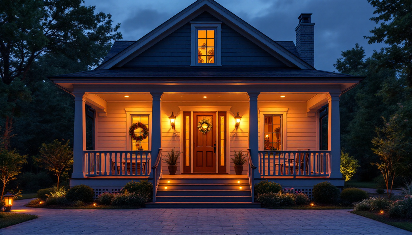 A photograph of a beautifully illuminated porch at dusk