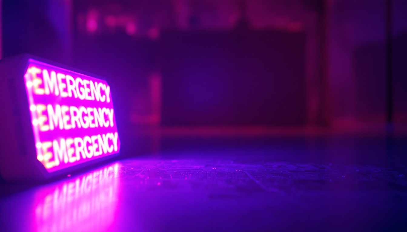 A photograph of a dimly lit room illuminated by vibrant led emergency lights