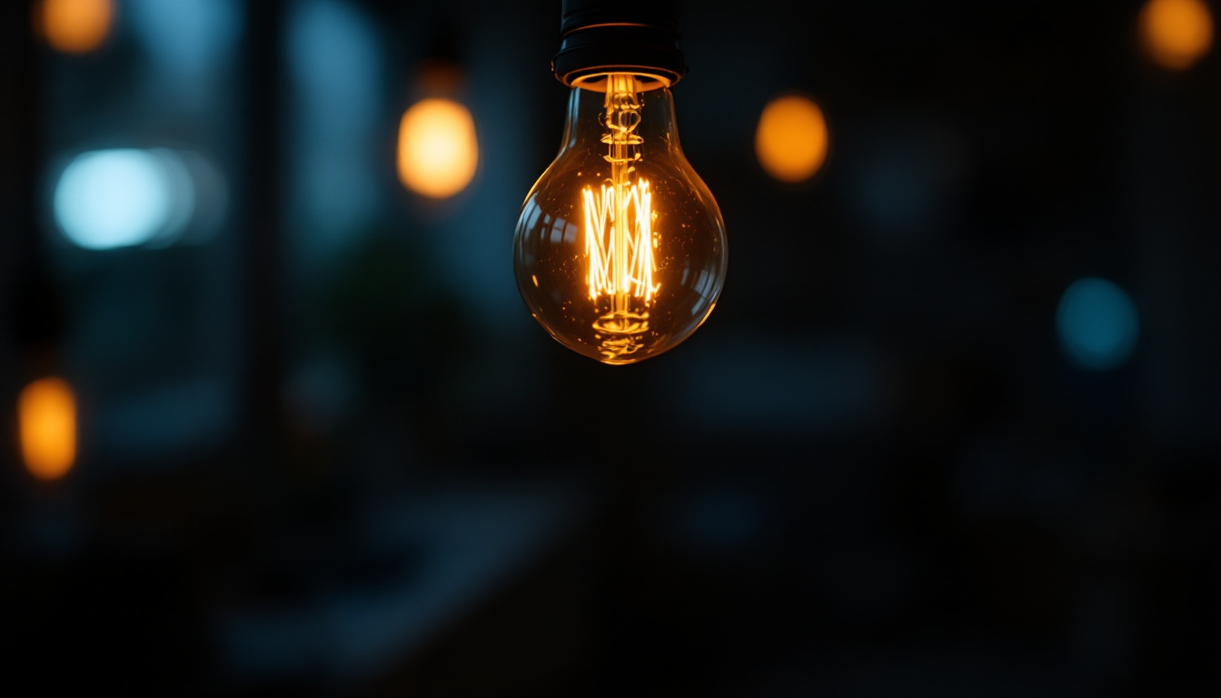 A photograph of a close-up of a flickering light bulb in a dimly lit room