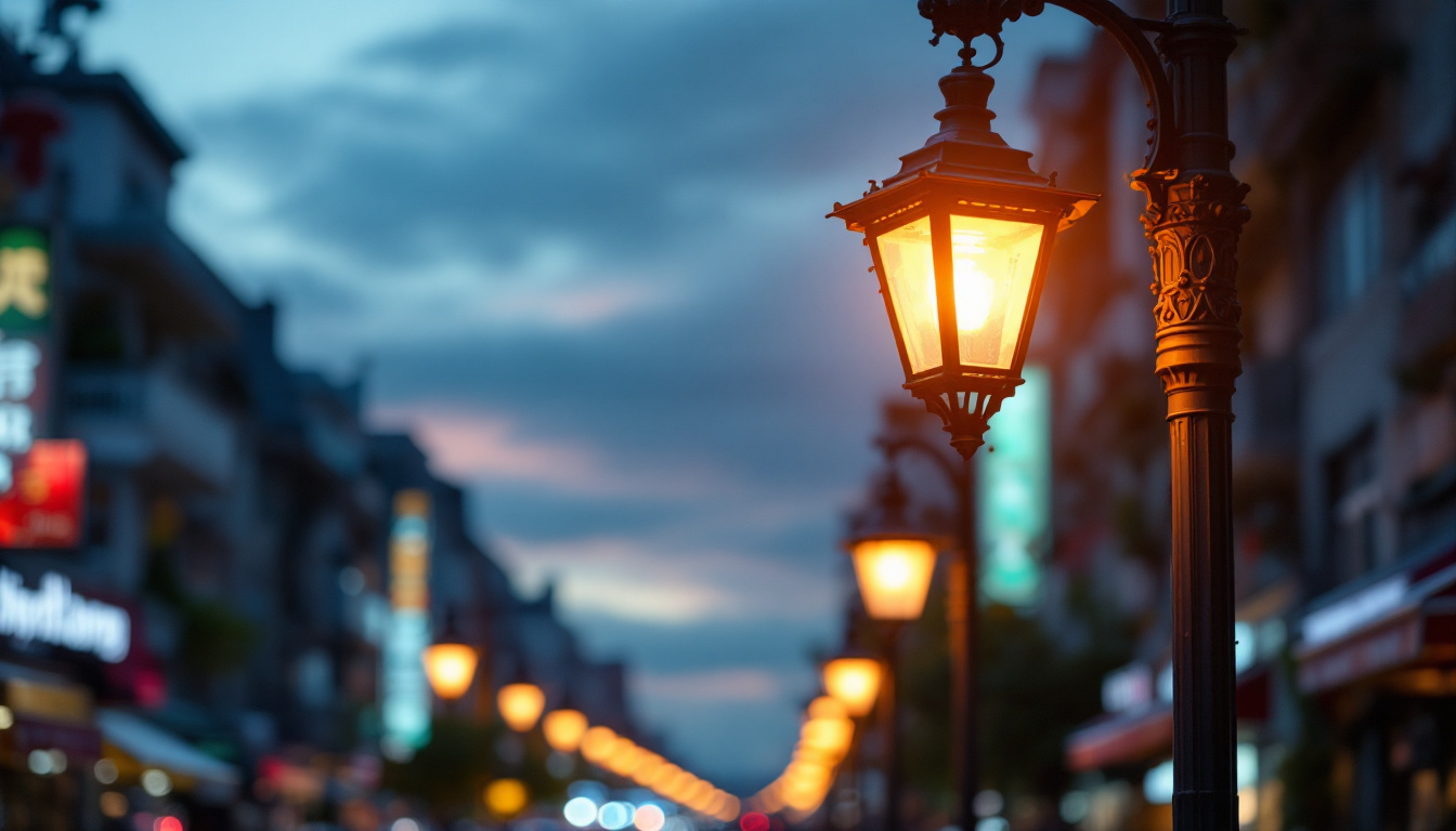 A photograph of a street pole illuminated at dusk
