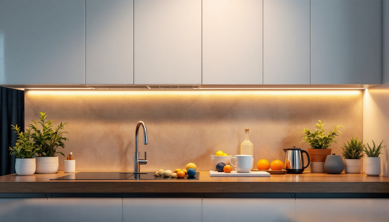 A photograph of a stylish kitchen featuring undercabinet led lighting that highlights the countertops and creates a warm