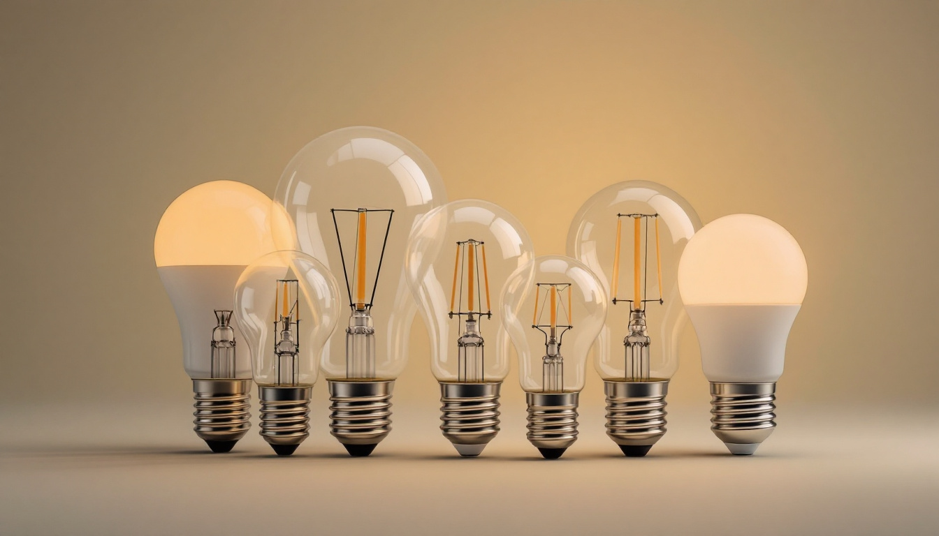 A photograph of a variety of light bulbs with different standard bases displayed together on a clean