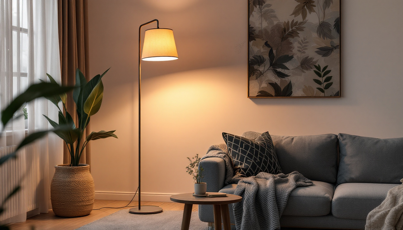 A photograph of a stylish floor lamp in a cozy living room setting