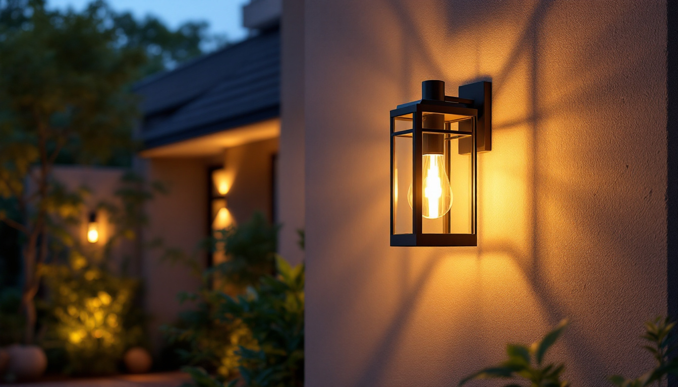 A photograph of a beautifully designed large outdoor wall lantern mounted on a textured exterior wall