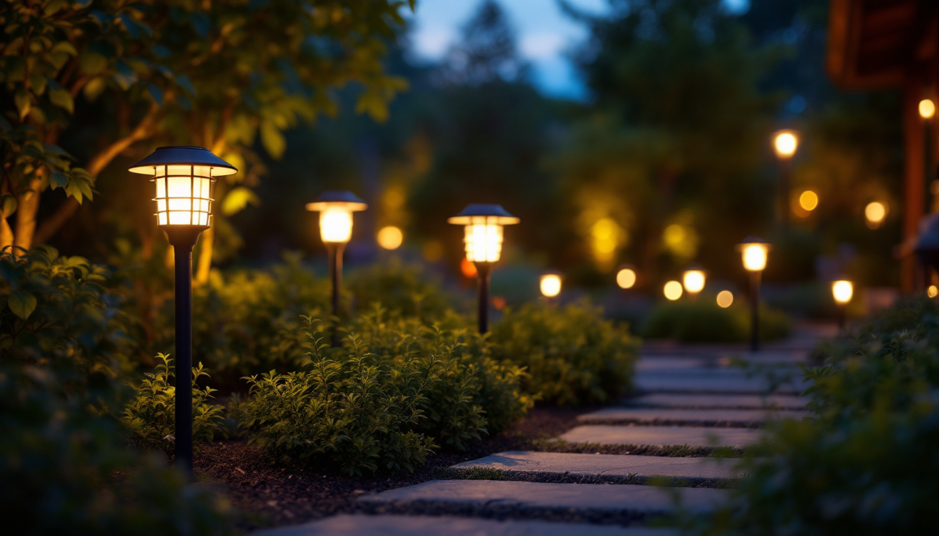 A photograph of a beautifully illuminated outdoor scene at dusk featuring various led solar power lights in use