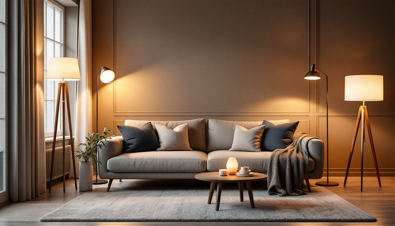 A photograph of a stylish living room featuring a variety of floor lamps in different designs and styles