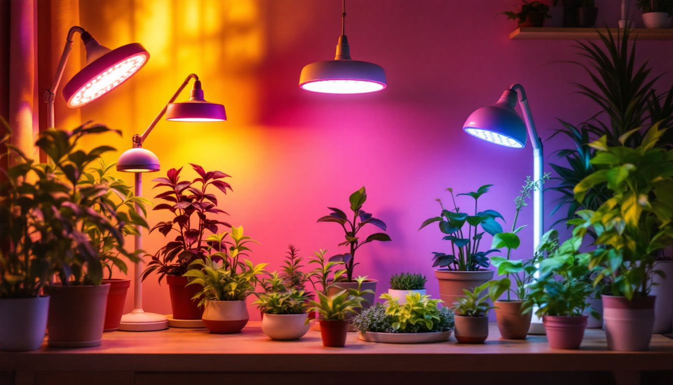 A photograph of a vibrant indoor setting featuring a variety of grow led lamps in use
