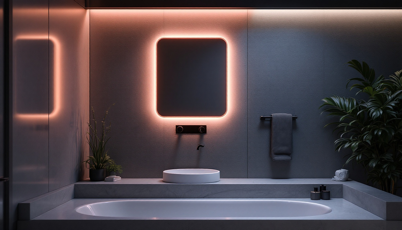 A photograph of a stylishly designed bathroom featuring the bright wall lamp light