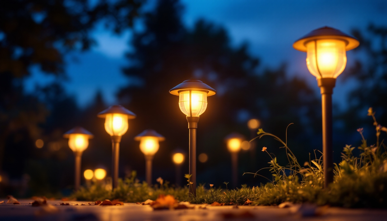 A photograph of a beautifully illuminated outdoor space featuring various solar lights