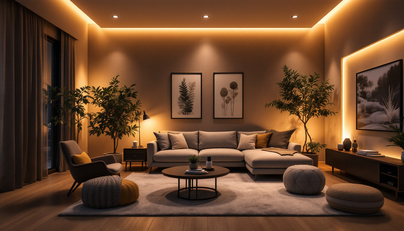 A photograph of a beautifully lit living space that showcases a variety of lighting options