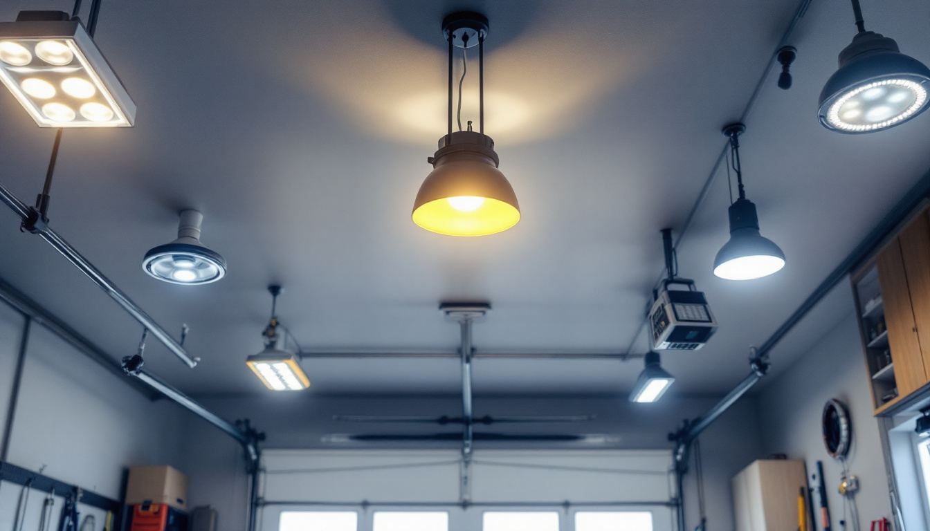 A photograph of a well-lit garage ceiling showcasing a variety of lighting options
