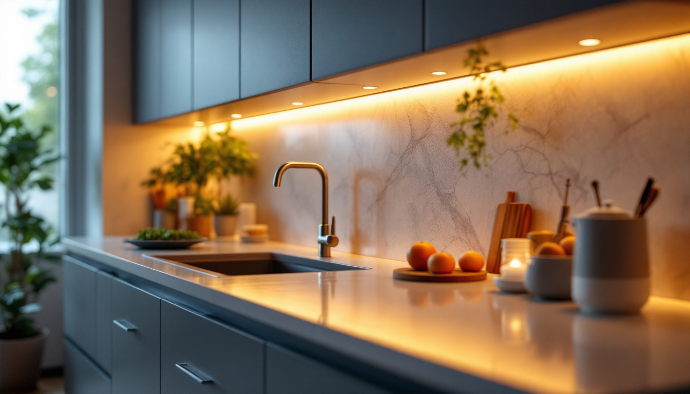 A photograph of a stylish kitchen with under counter led lighting illuminating the countertop