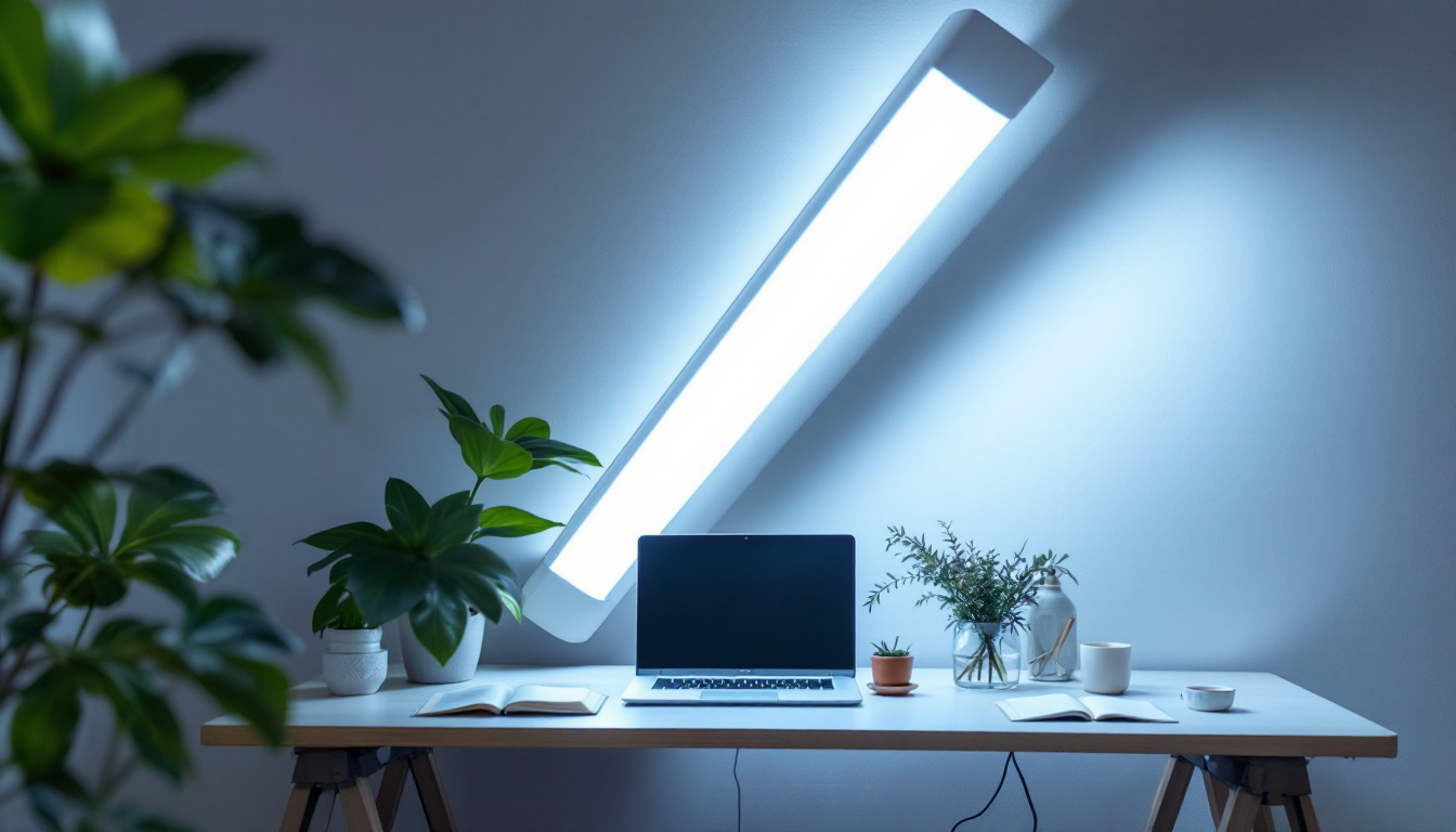 A photograph of a well-lit workspace featuring an 8 ft fluorescent tube in action