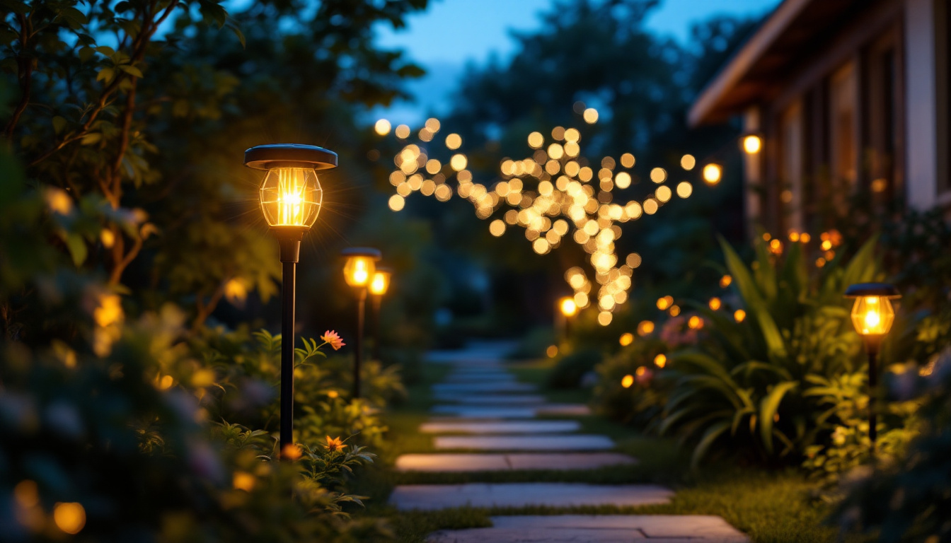 A photograph of a beautifully lit outdoor scene showcasing solar-powered lights illuminating a garden or pathway at dusk