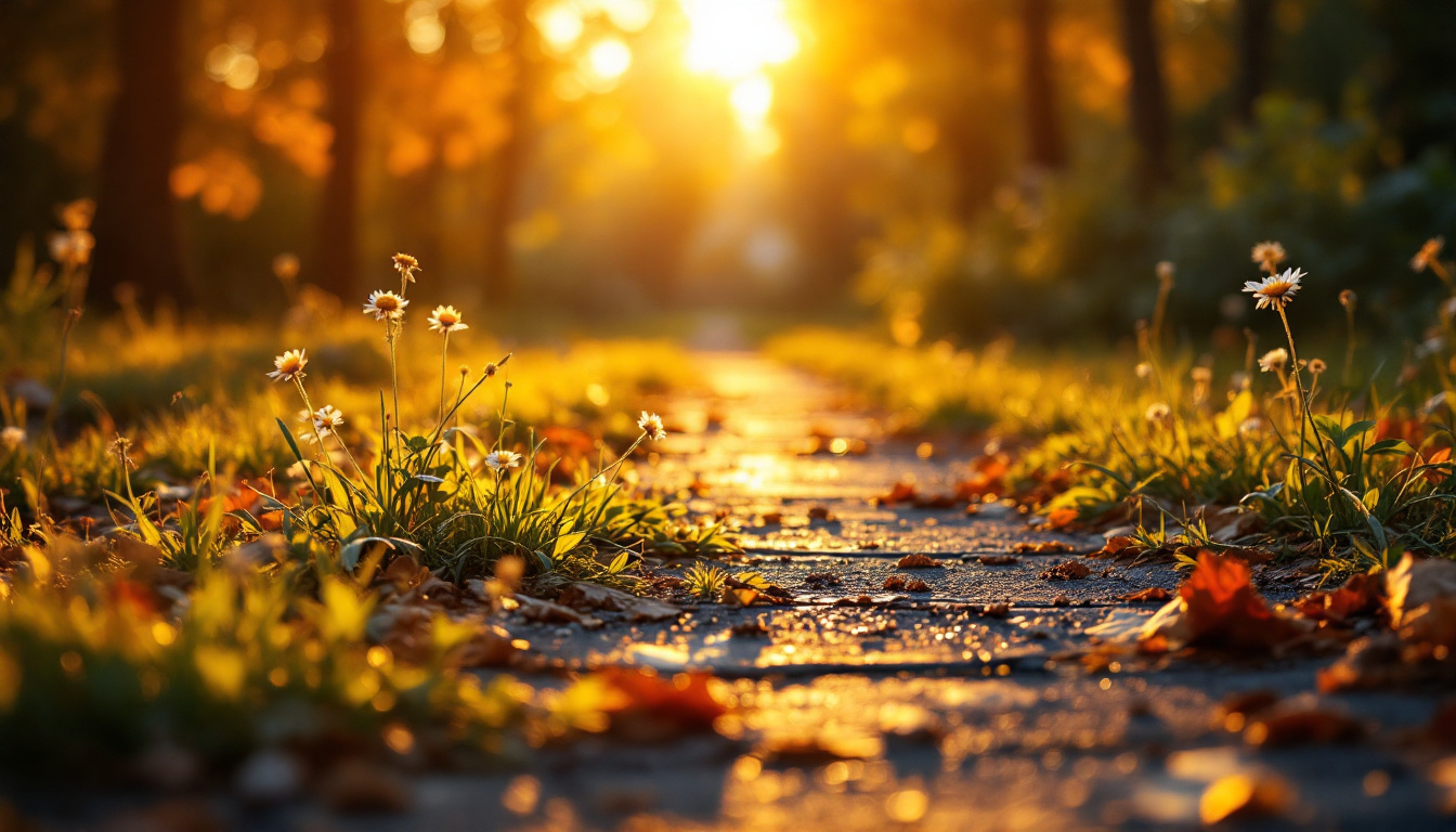 A photograph of a serene outdoor scene during the golden hour