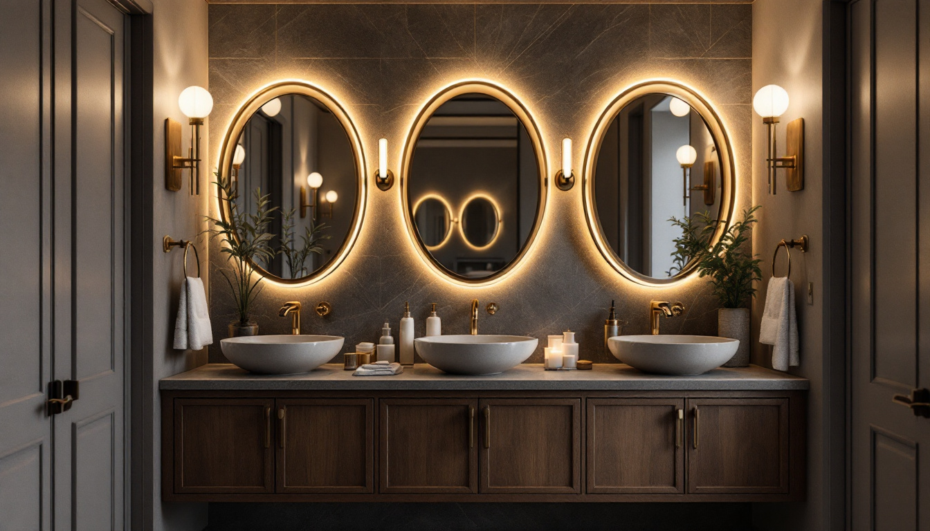 A photograph of a beautifully styled vanity bathroom featuring elegant light fixtures that highlight the space