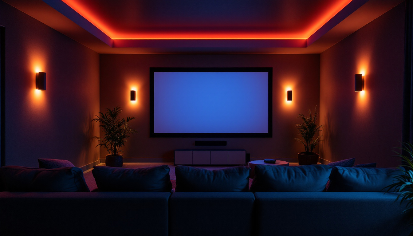 A photograph of a cozy home movie theater setup featuring dim