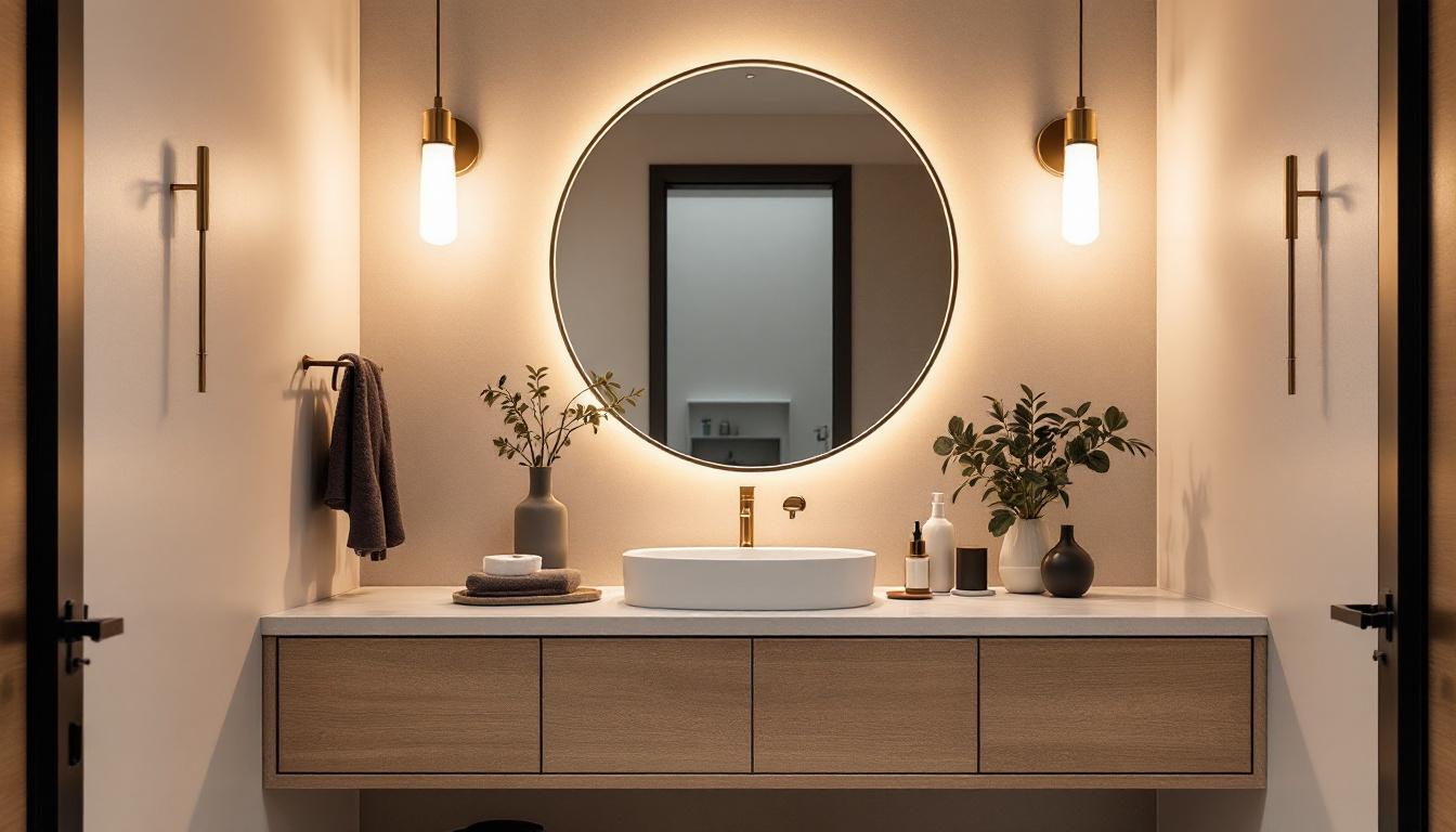 A photograph of a beautifully designed vanity bathroom featuring stylish lighting fixtures that enhance the space